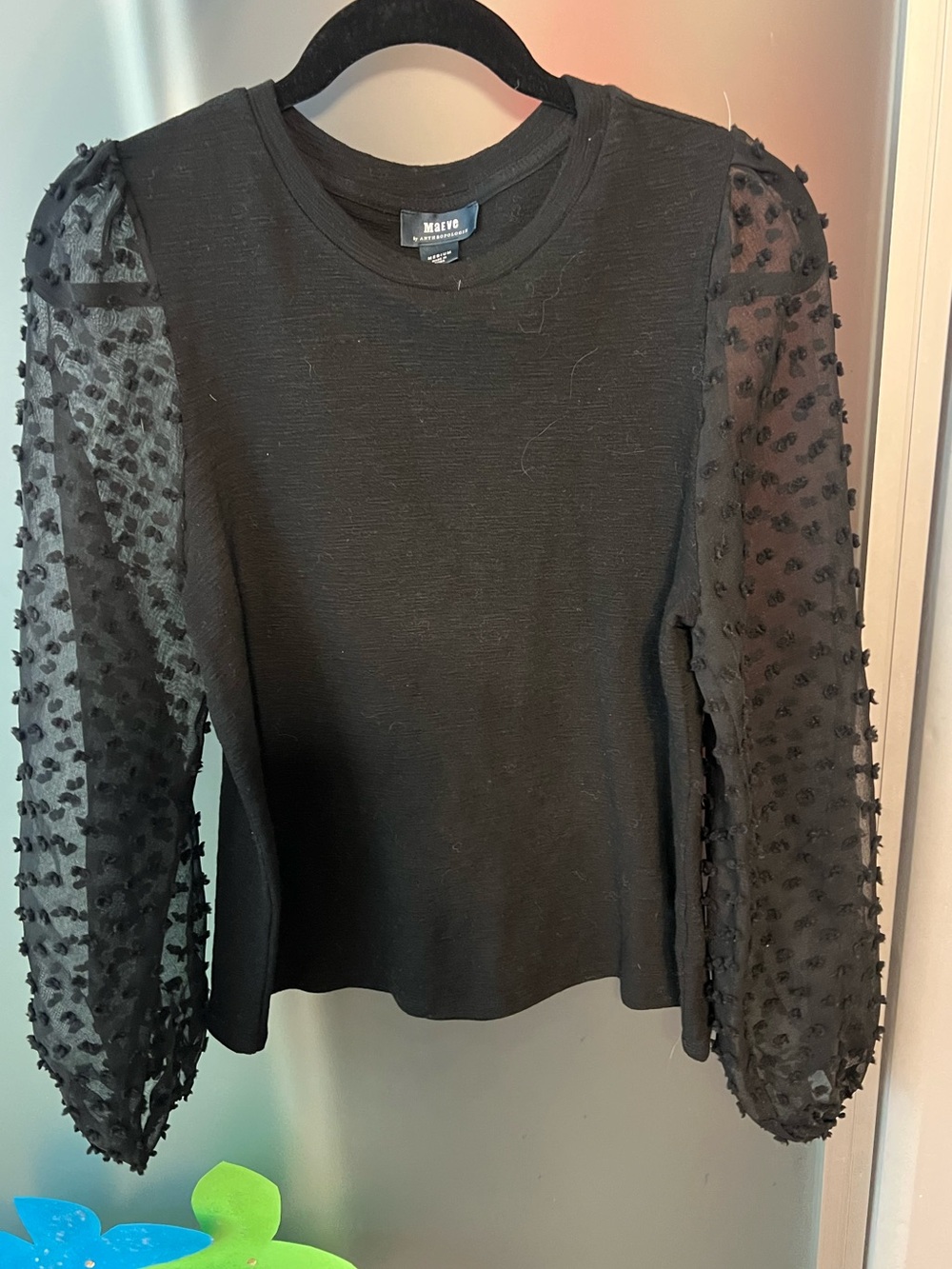 Anthropologie Black Puff-Sleeve Sheer Dot Knit Top